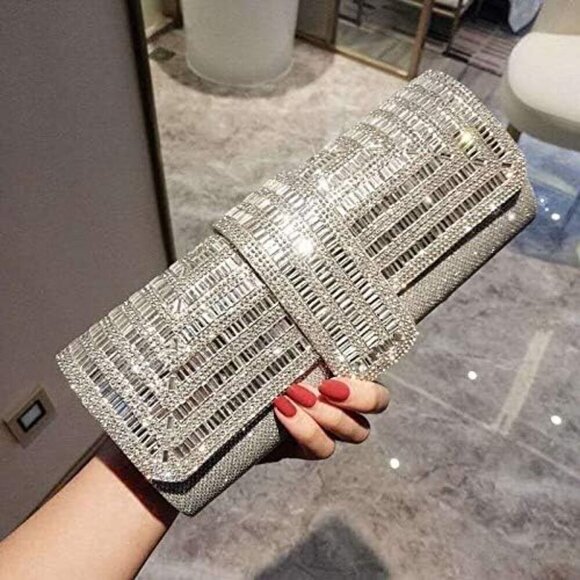 🆕Women Sliver Evening Bag and Clutch Crystal Sparkly Purse with formal Handbag - Picture 2 of 6
